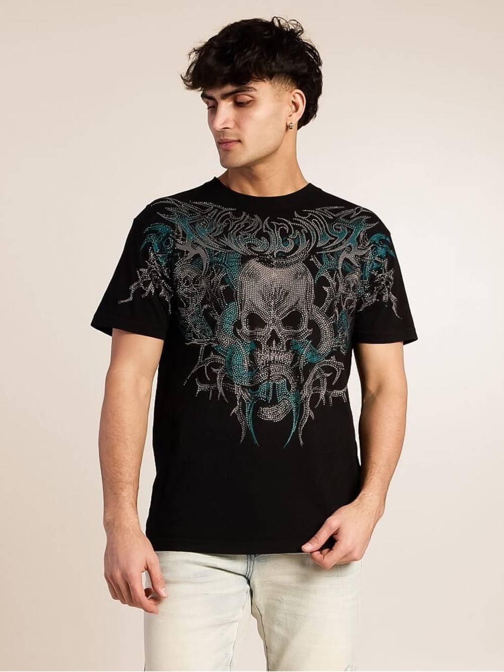 Affliction Black Tee with Metallic Skull and Teal Accents